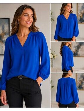Chaus New York Women’s XS Cobalt Blue V Neck Balloon Sleeve Blouse Workwear